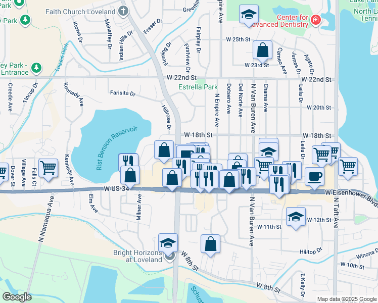 map of restaurants, bars, coffee shops, grocery stores, and more near 2343 Greeley Drive in Loveland