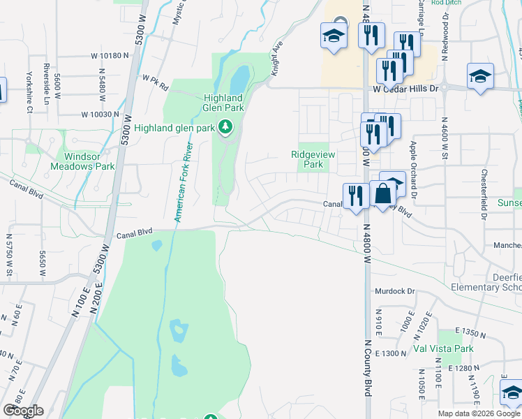map of restaurants, bars, coffee shops, grocery stores, and more near 9822 Meadow Ln in Highland