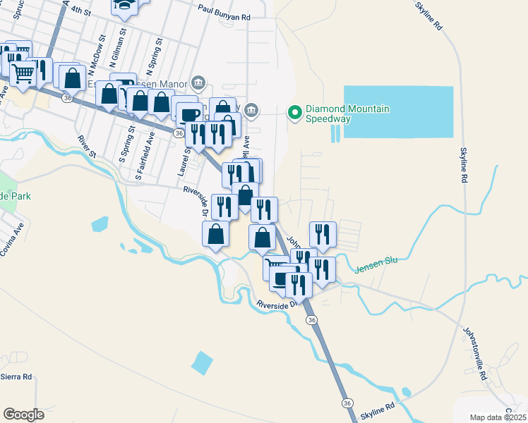 map of restaurants, bars, coffee shops, grocery stores, and more near 2975 Johnstonville Road in Susanville