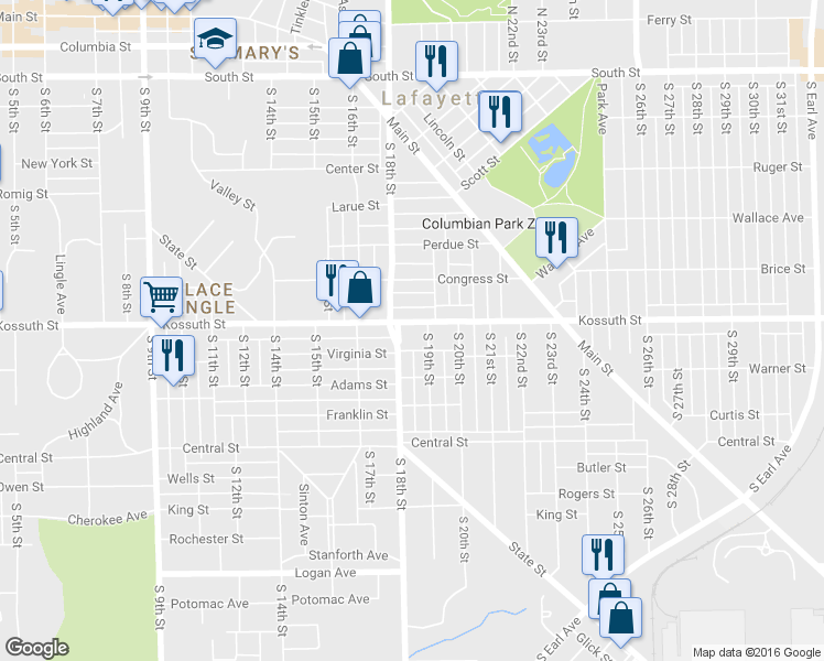 map of restaurants, bars, coffee shops, grocery stores, and more near 1800 Kossuth Street in Lafayette