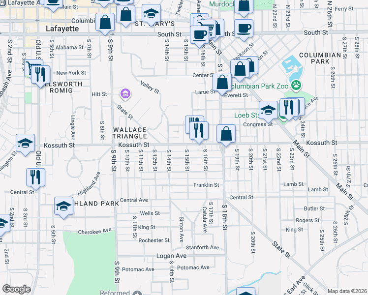 map of restaurants, bars, coffee shops, grocery stores, and more near 1501 Kossuth Street in Lafayette