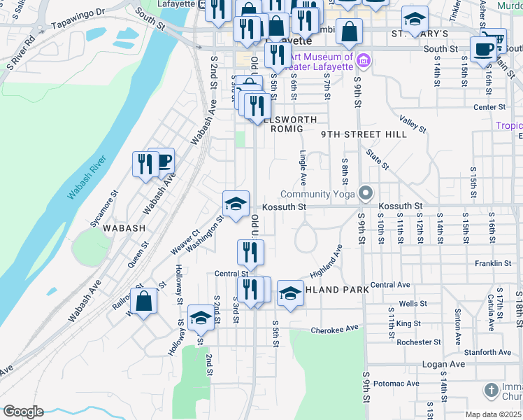 map of restaurants, bars, coffee shops, grocery stores, and more near 508 Kossuth Street in Lafayette
