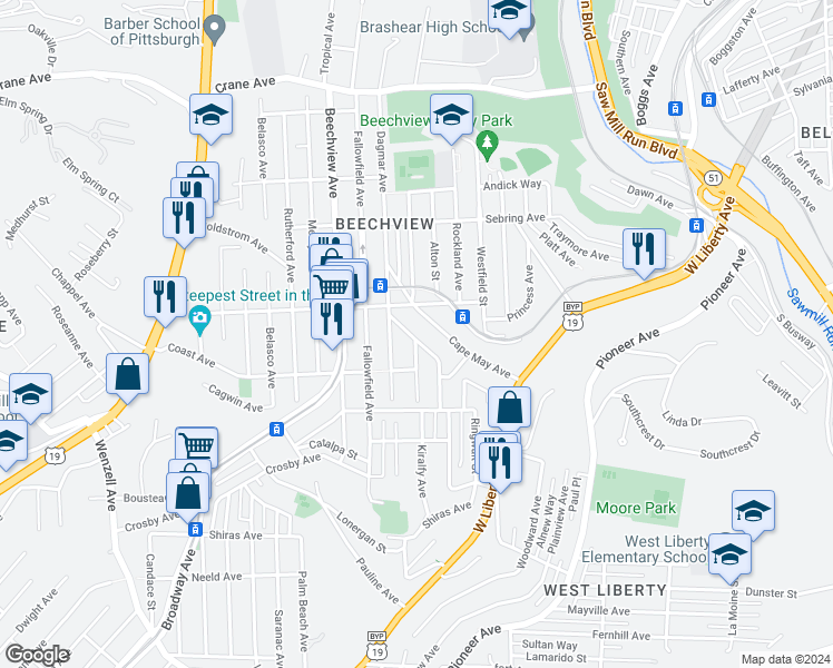 map of restaurants, bars, coffee shops, grocery stores, and more near 1646 Longmore Avenue in Pittsburgh