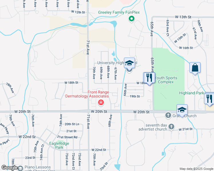 map of restaurants, bars, coffee shops, grocery stores, and more near 6802 West 18th Street in Greeley