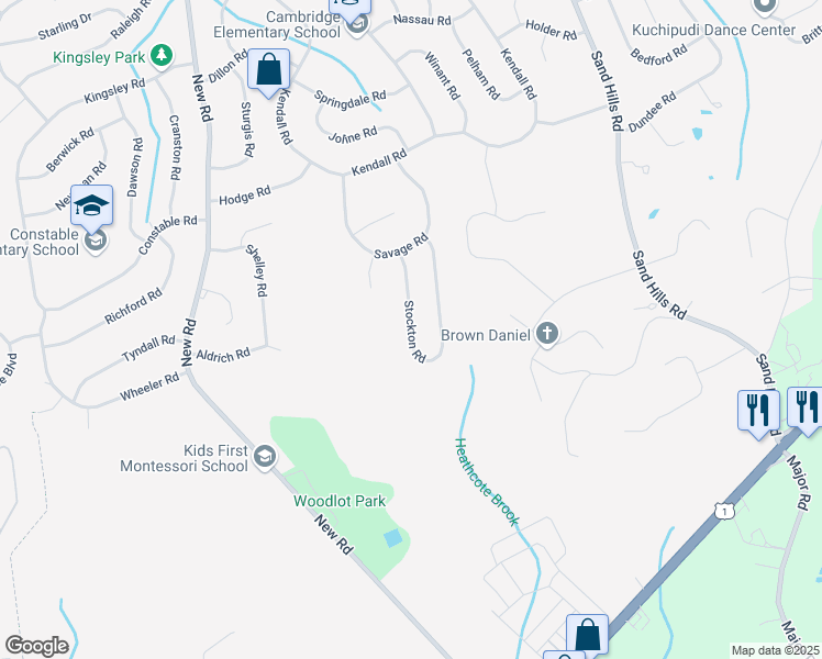map of restaurants, bars, coffee shops, grocery stores, and more near 18 Stockton Road in South Brunswick Township