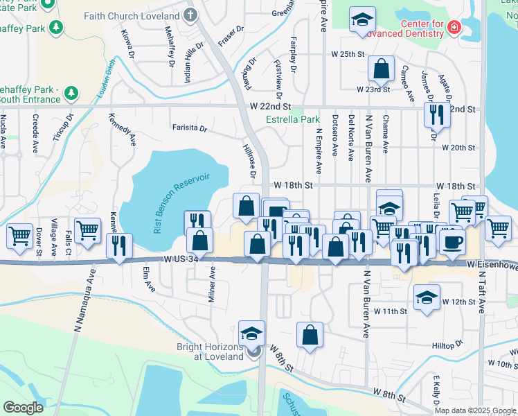 map of restaurants, bars, coffee shops, grocery stores, and more near 1727 Wilson Avenue in Loveland