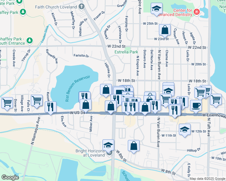 map of restaurants, bars, coffee shops, grocery stores, and more near 1739 Wilson Avenue in Loveland