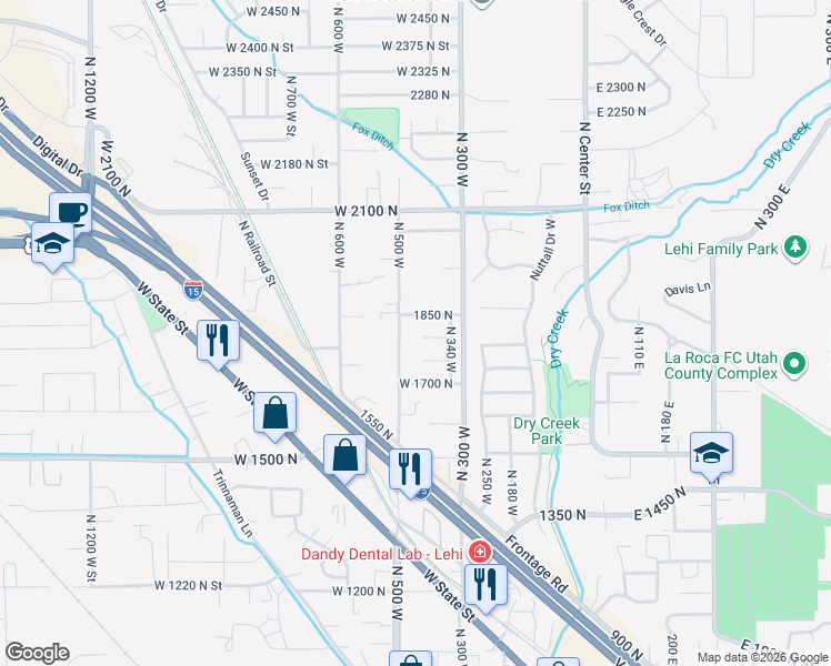 map of restaurants, bars, coffee shops, grocery stores, and more near 1830 North 500 West in Lehi
