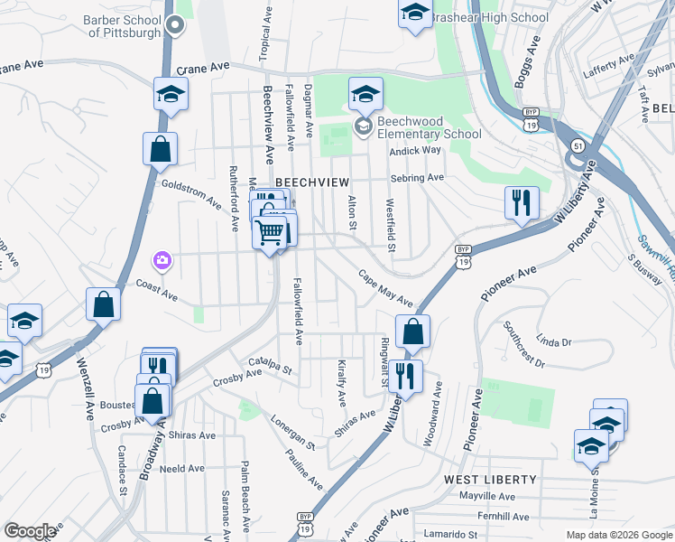 map of restaurants, bars, coffee shops, grocery stores, and more near 310 Longmore Avenue in Pittsburgh