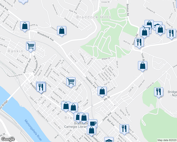 map of restaurants, bars, coffee shops, grocery stores, and more near 401 Lobinger Avenue in Braddock