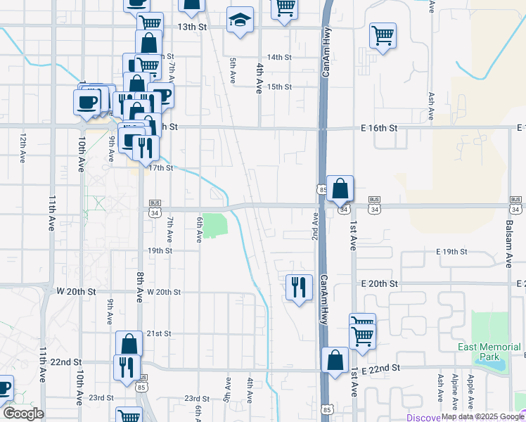 map of restaurants, bars, coffee shops, grocery stores, and more near 500 18th Street in Greeley