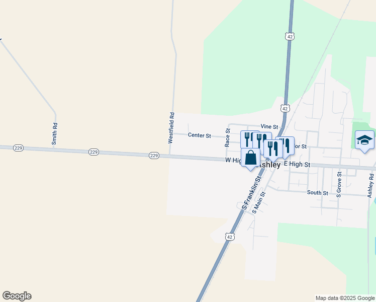 map of restaurants, bars, coffee shops, grocery stores, and more near 240 West High Street in Ashley