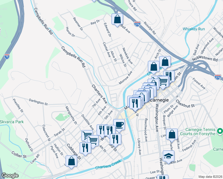map of restaurants, bars, coffee shops, grocery stores, and more near 225 Railroad Avenue in Carnegie