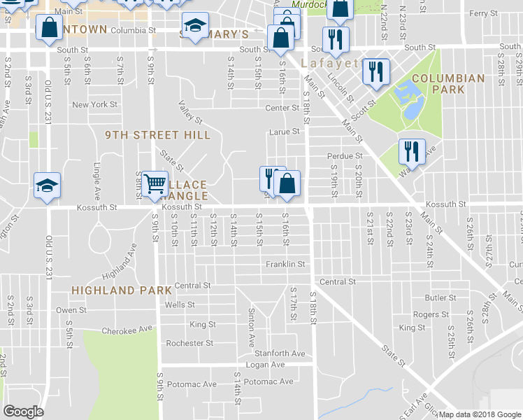 map of restaurants, bars, coffee shops, grocery stores, and more near 1501 Kossuth Street in Lafayette