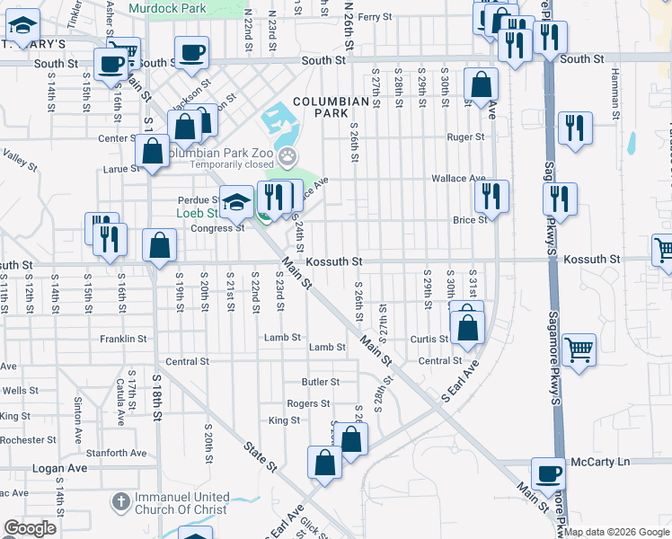 map of restaurants, bars, coffee shops, grocery stores, and more near 2517 Kossuth Street in Lafayette