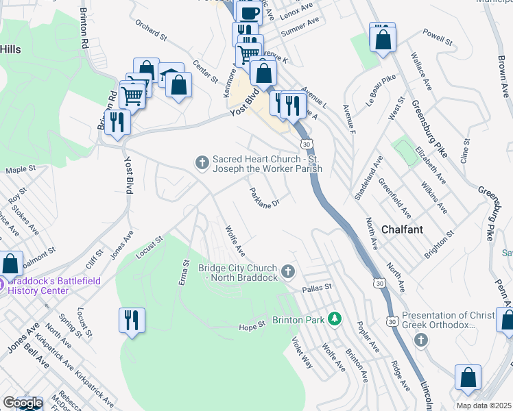 map of restaurants, bars, coffee shops, grocery stores, and more near 213 Parklane Drive in Braddock