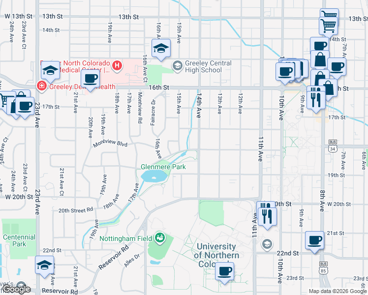 map of restaurants, bars, coffee shops, grocery stores, and more near 1425 Glenmere Boulevard in Greeley