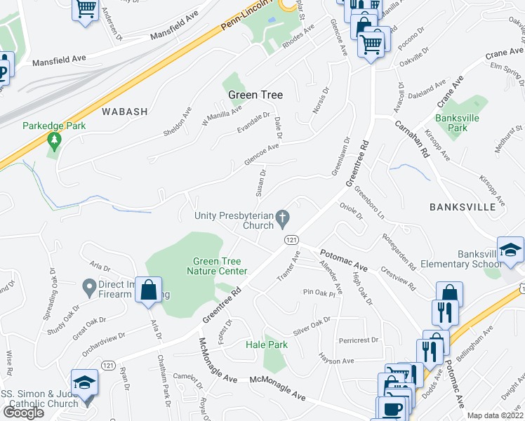 map of restaurants, bars, coffee shops, grocery stores, and more near 1135 Greenlawn Dr in Pittsburgh