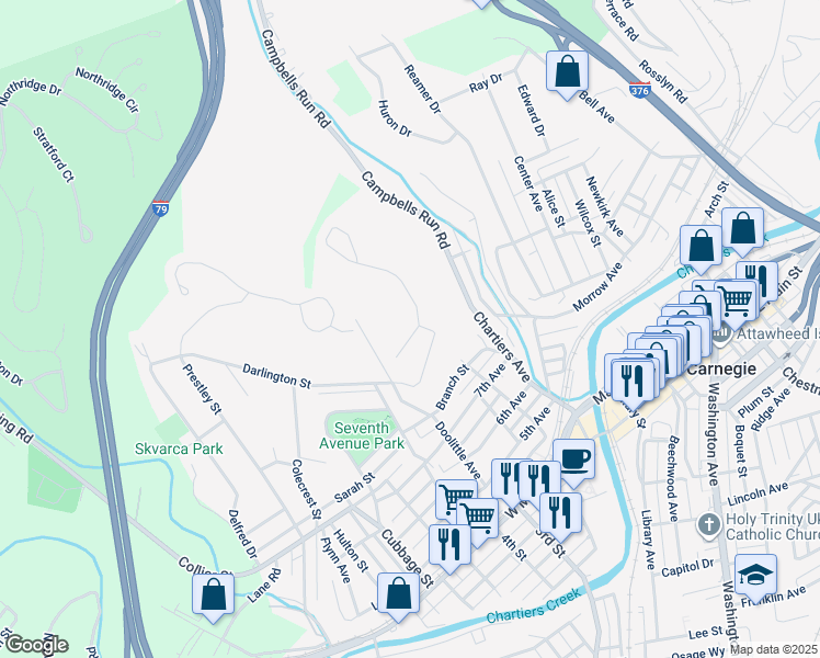 map of restaurants, bars, coffee shops, grocery stores, and more near 103 Cathedral Court in Carnegie