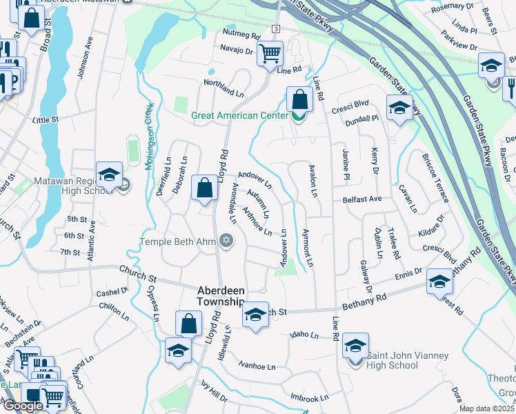 map of restaurants, bars, coffee shops, grocery stores, and more near 23 Autumn Lane in Aberdeen Township