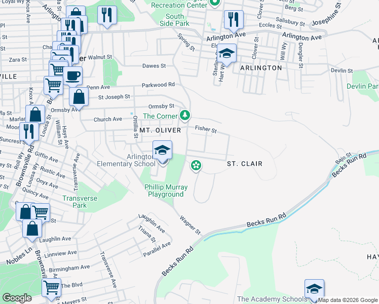 map of restaurants, bars, coffee shops, grocery stores, and more near 539 Mountain Avenue in Pittsburgh