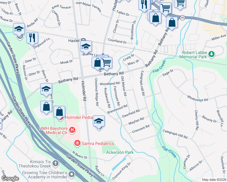 map of restaurants, bars, coffee shops, grocery stores, and more near 5 Fairmount Road in Holmdel