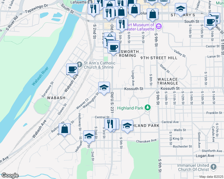 map of restaurants, bars, coffee shops, grocery stores, and more near 700 South 4th Street in Lafayette