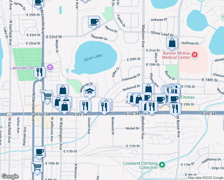 map of restaurants, bars, coffee shops, grocery stores, and more near 922 Paloverde Drive in Loveland