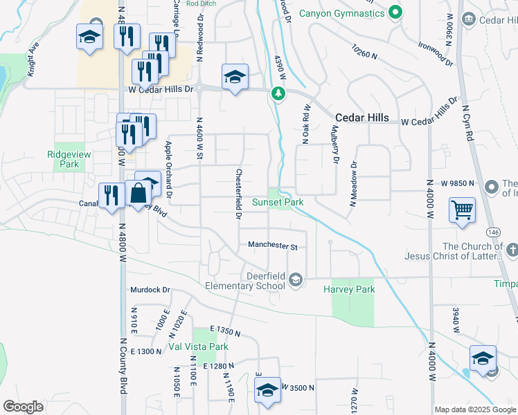 map of restaurants, bars, coffee shops, grocery stores, and more near 4444 West Windsor Circle in Cedar Hills