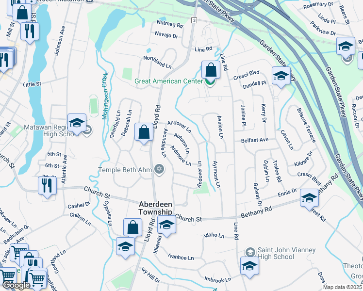 map of restaurants, bars, coffee shops, grocery stores, and more near 23 Autumn Lane in Aberdeen Township