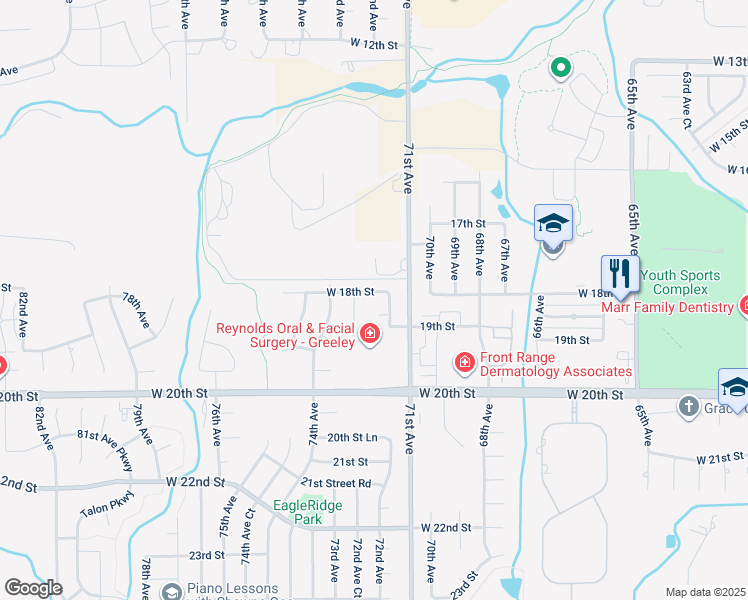 map of restaurants, bars, coffee shops, grocery stores, and more near 7220 West 18th Street in Greeley