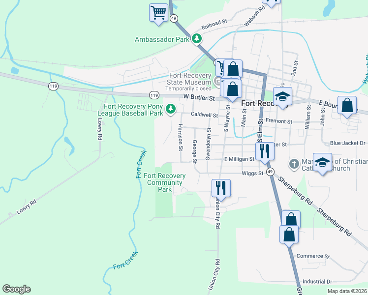 map of restaurants, bars, coffee shops, grocery stores, and more near 306 George Street in Fort Recovery