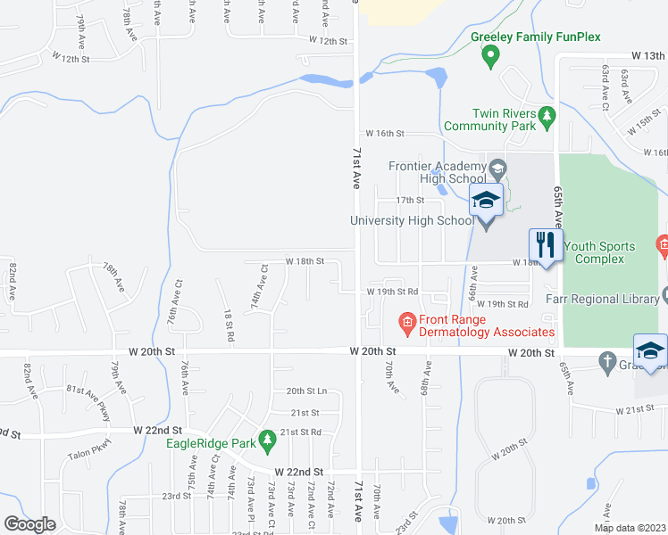 map of restaurants, bars, coffee shops, grocery stores, and more near 7212 West 18th Street in Greeley