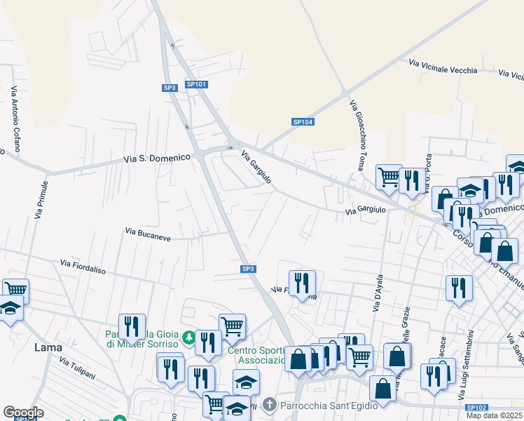 map of restaurants, bars, coffee shops, grocery stores, and more near 21b Via Ruggiero in Taranto