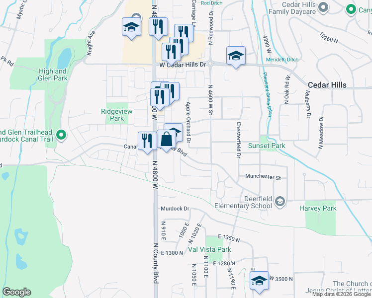 map of restaurants, bars, coffee shops, grocery stores, and more near 9803 North 4680 West in Cedar Hills
