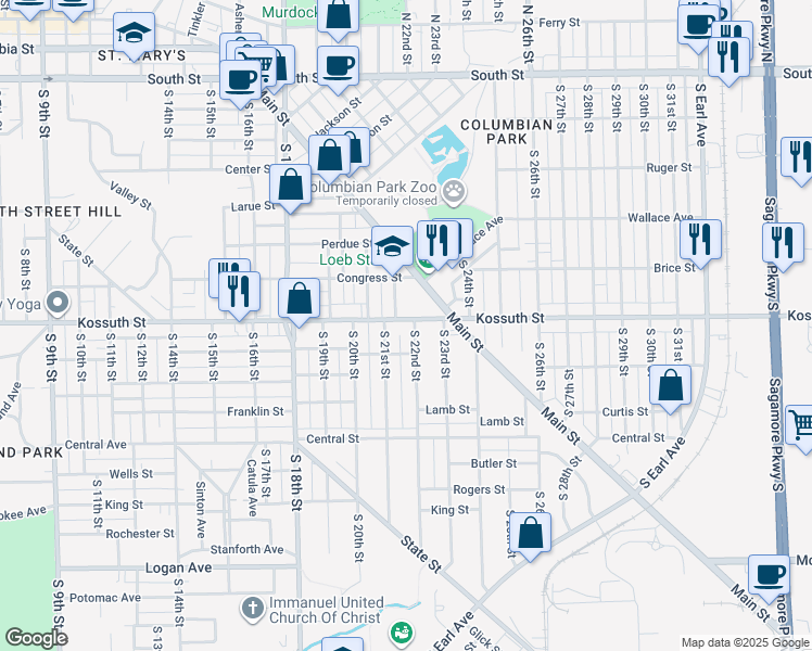 map of restaurants, bars, coffee shops, grocery stores, and more near 2117 Kossuth Street in Lafayette