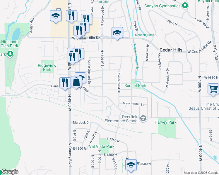 map of restaurants, bars, coffee shops, grocery stores, and more near 4552 West Windsor Circle in Cedar Hills