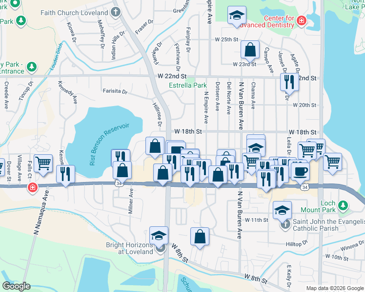 map of restaurants, bars, coffee shops, grocery stores, and more near 2343 Greeley Drive in Loveland