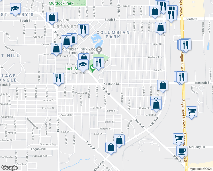 map of restaurants, bars, coffee shops, grocery stores, and more near 2409 Kossuth Street in Lafayette