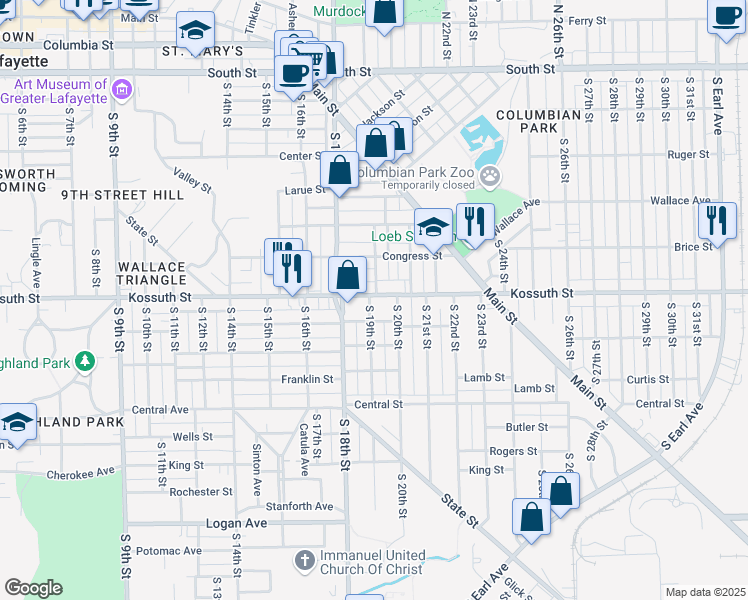 map of restaurants, bars, coffee shops, grocery stores, and more near 1901 Kossuth Street in Lafayette