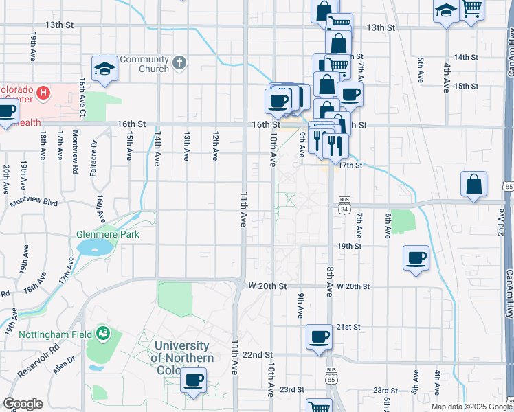 map of restaurants, bars, coffee shops, grocery stores, and more near 1017 Cranford Place in Greeley