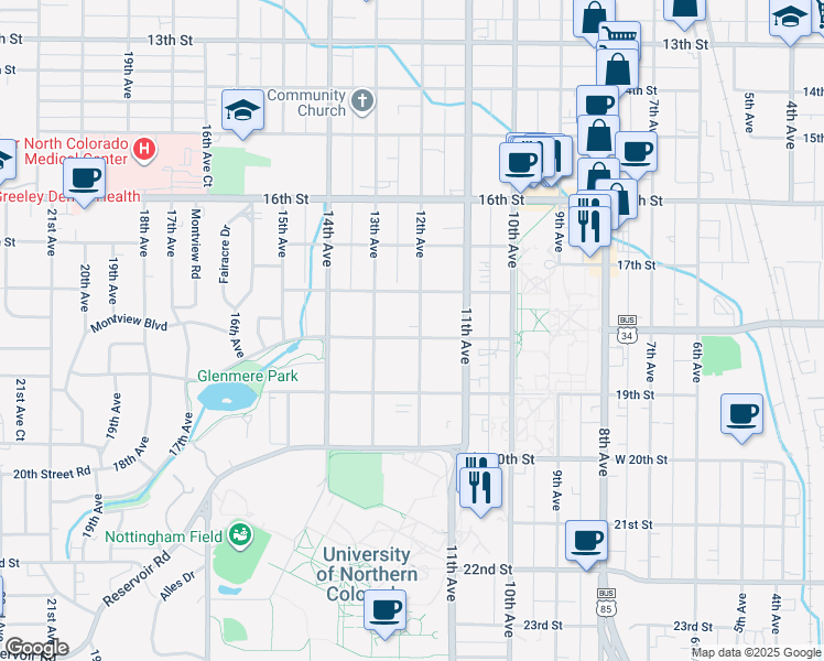 map of restaurants, bars, coffee shops, grocery stores, and more near 1831 12th Avenue in Greeley