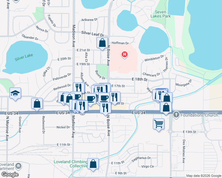 map of restaurants, bars, coffee shops, grocery stores, and more near 1600 Axial Drive in Loveland