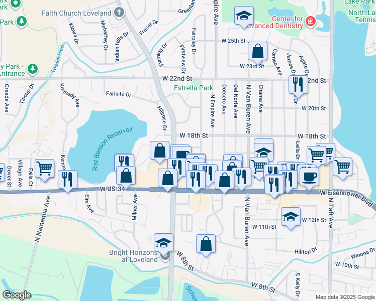 map of restaurants, bars, coffee shops, grocery stores, and more near 2343 Greeley Drive in Loveland