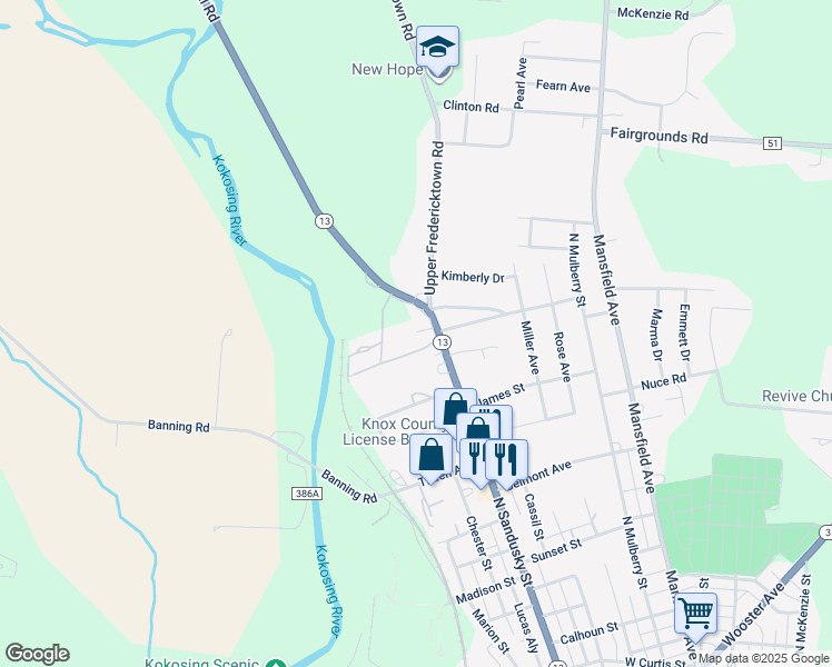 map of restaurants, bars, coffee shops, grocery stores, and more near 723 North Sandusky Street in Mount Vernon