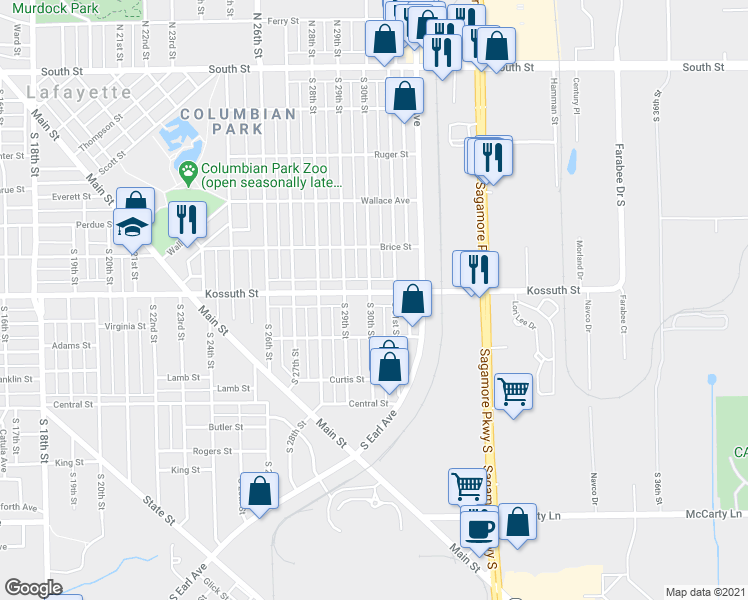 map of restaurants, bars, coffee shops, grocery stores, and more near 3015 Kossuth Street in Lafayette