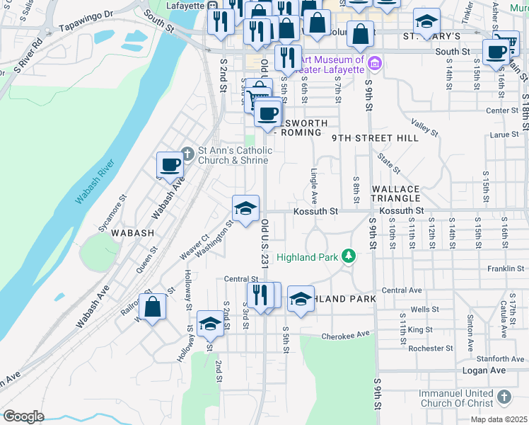 map of restaurants, bars, coffee shops, grocery stores, and more near 628 South 4th Street in Lafayette
