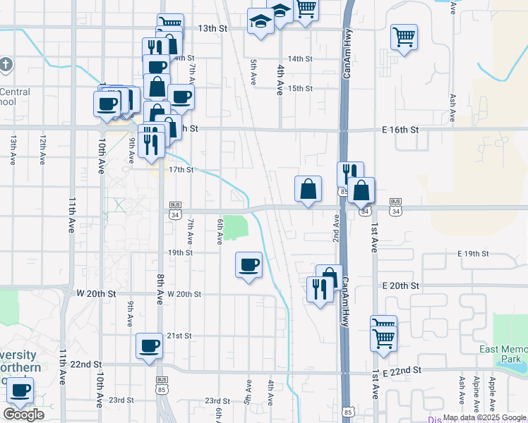 map of restaurants, bars, coffee shops, grocery stores, and more near 510 18th Street in Greeley
