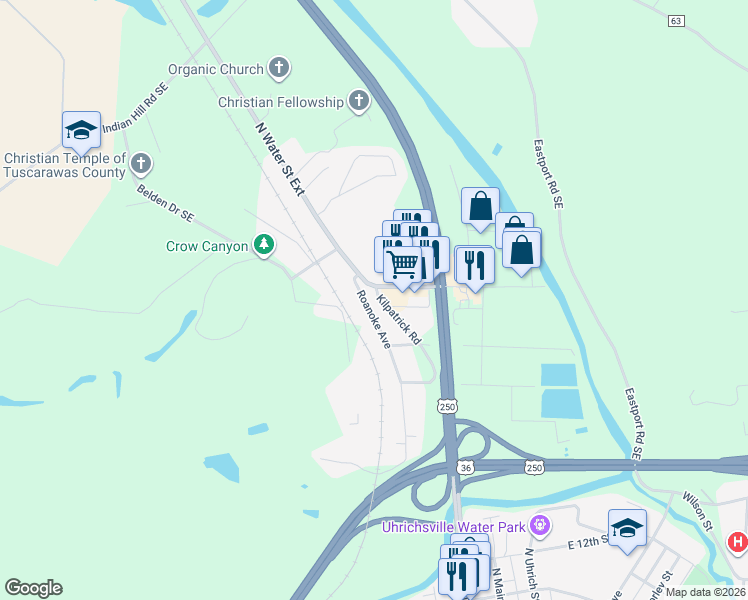 map of restaurants, bars, coffee shops, grocery stores, and more near 1641 Roanoke Avenue in Uhrichsville