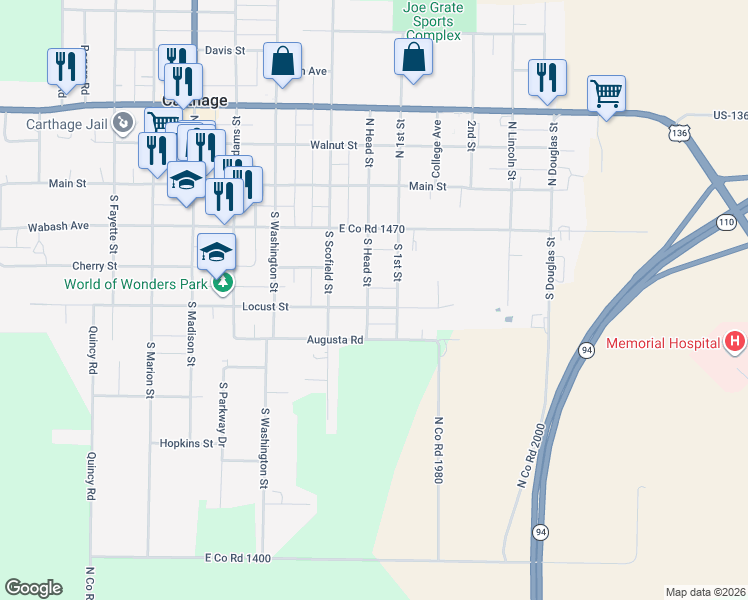 map of restaurants, bars, coffee shops, grocery stores, and more near 901 Locust Street in Carthage